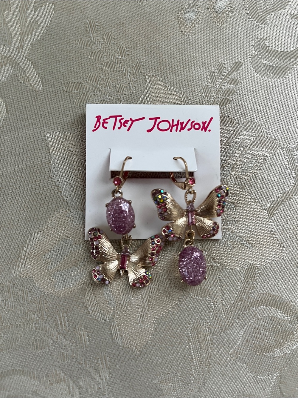 Betsey Johnson Gold Butterfly Drop Earrings with Pink Crystals
